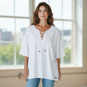 Cotton Natural White Lace-Up Blouse Made In Peru